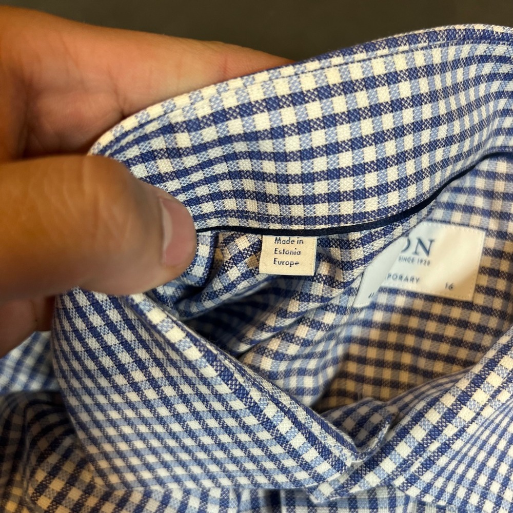 Eton Dress Shirt Mens 16/41 Blue Gingham Check Contemporary Fit Oxford - Picture 5 of 9